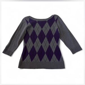 AB Studio Y2K Dark Academia Purple & Grey Argyle Boat Neck Sweater Size Large